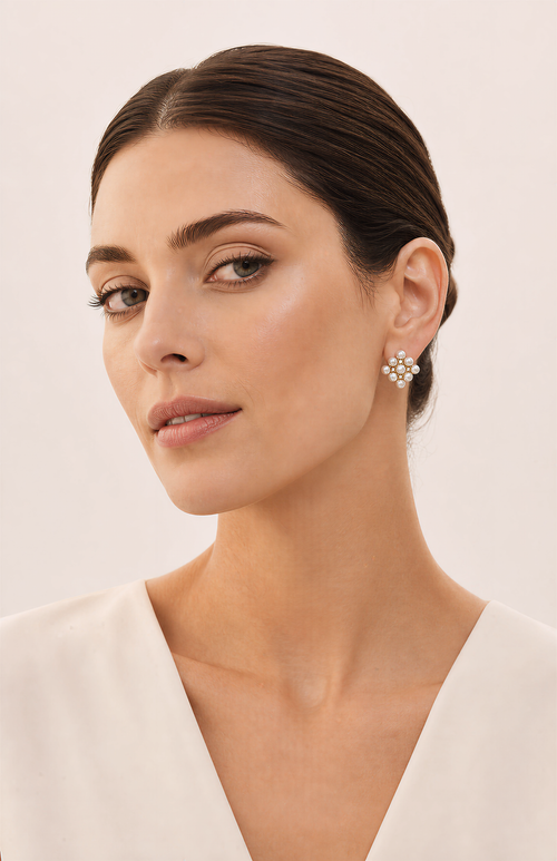 Genuine Freshwater Round Pearl Blossom Stud Earrings